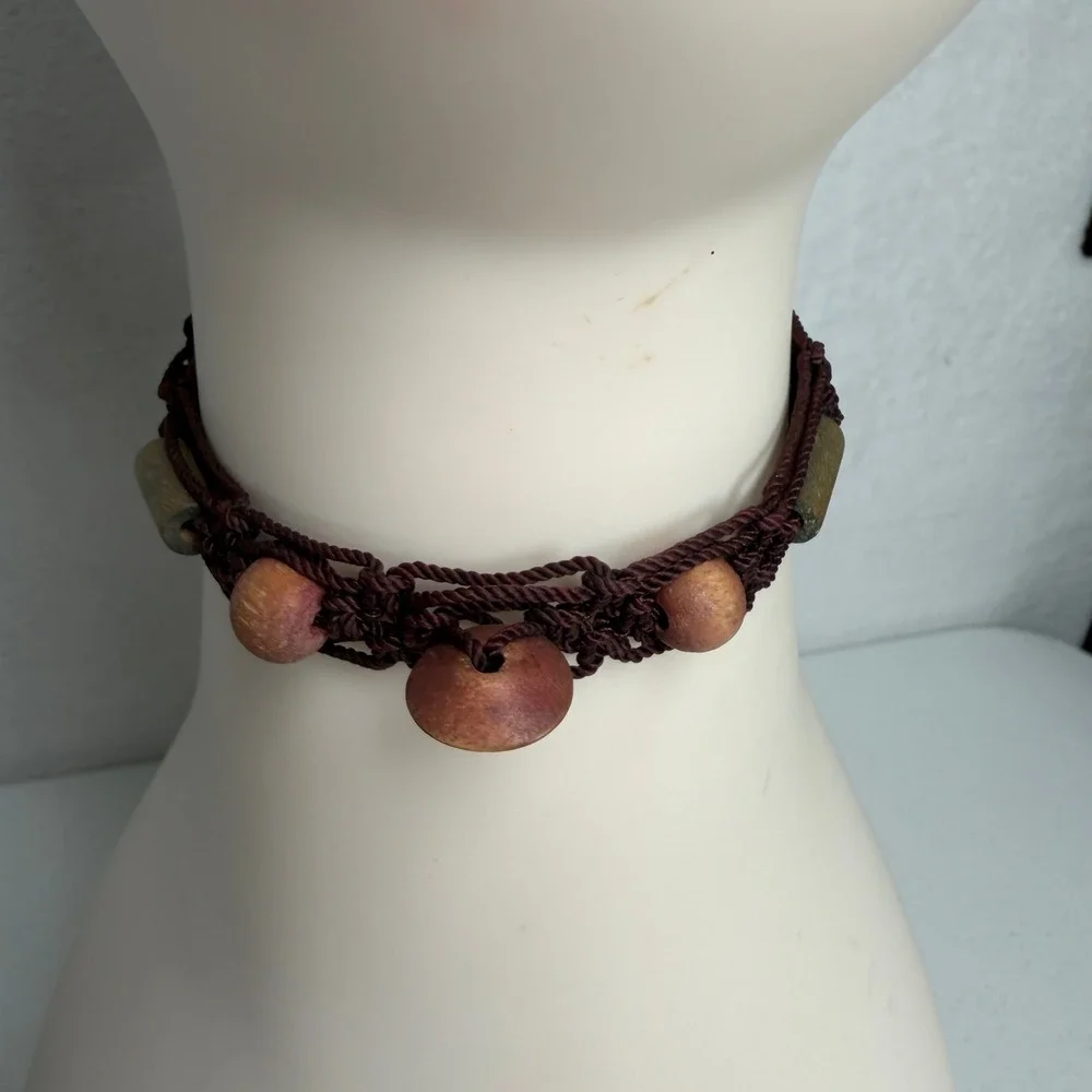 Vtg Y2K Necklace Choker Glass Beaded Macrame Boho Blue Brown Bundle Lot of 2